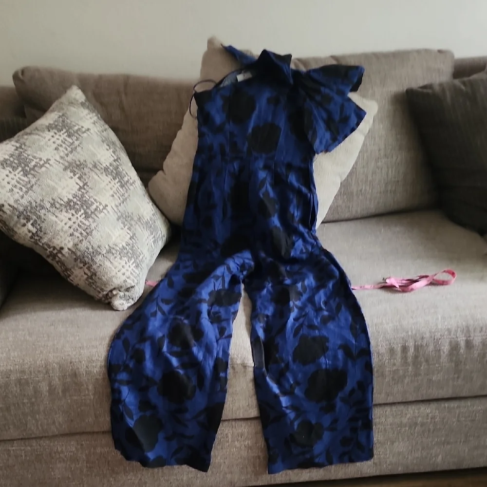 Kate Spade x Target Blue Black Floral Linen Blend One Shoulder Jumpsuit Palazzo